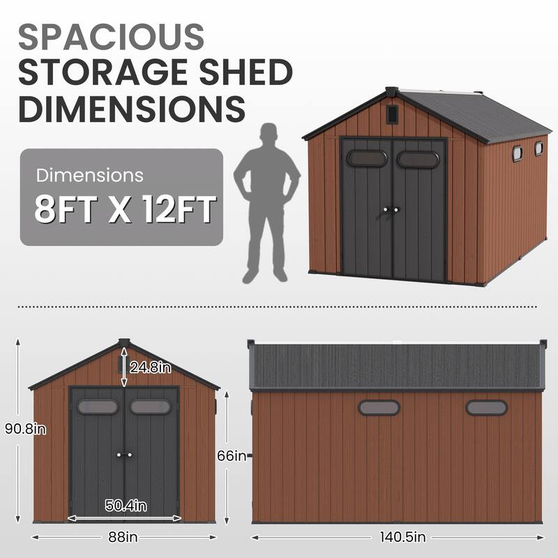8' x 8' / 8' x 10'/ 8' x 12' Outdoor Storage Shed with Lockable Double Doors for Garden, Backyard, Patio