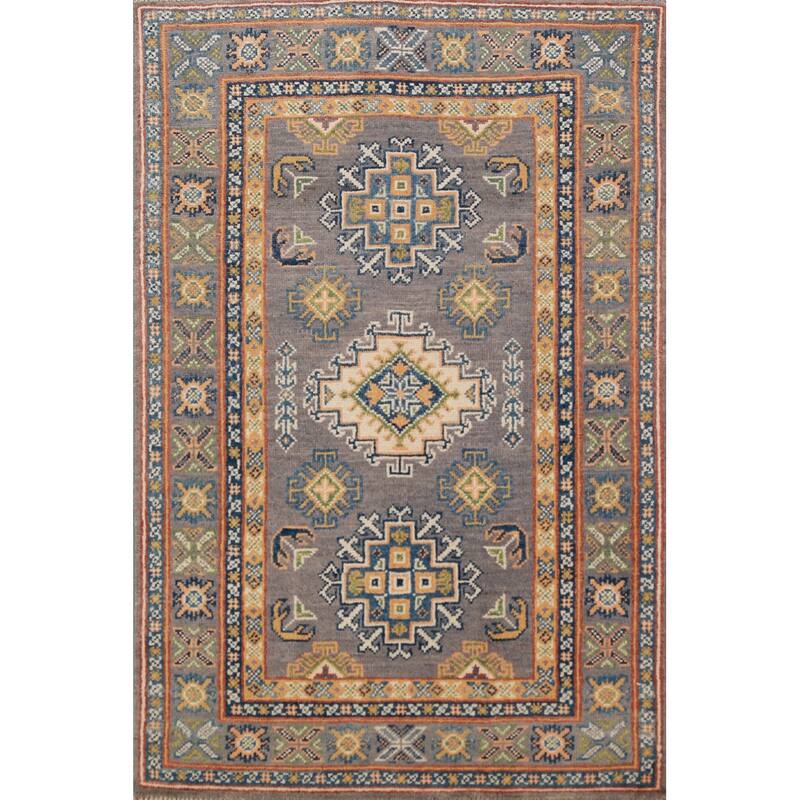 Gray Geometric Kazak Foyer Rug Handmade Wool Carpet - 2'8"x 4'0"
