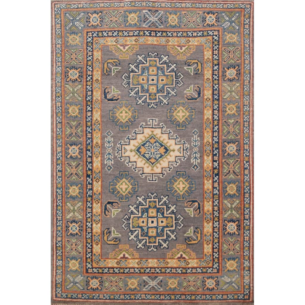 Gray Geometric Kazak Foyer Rug Handmade Wool Carpet - 2'8"x 4'0"