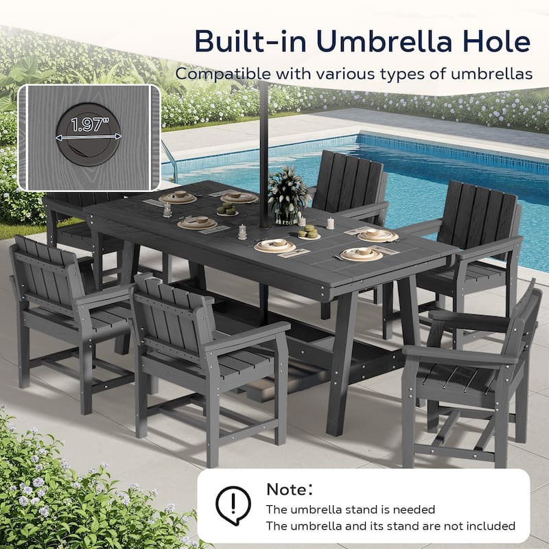 7-Piece HDPE Outdoor & Indoor Dining Set, Rectangular 67.91in W Table with Umbrella Hole and 6 Chairs Set of 7, Wood-Look Finish