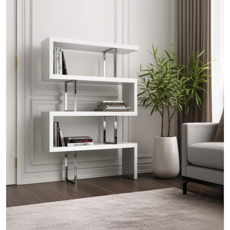 HomeRoots 67" White And Silver Metal and Wood Three Tier Etagere Bookcase - White/Silver