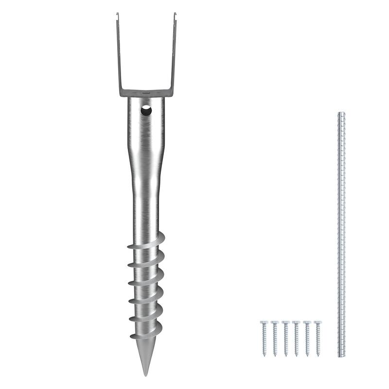No Dig Ground Anchor, 3.94 x 2.76 x 27.56 in DIY Screw in Post Stake, Includes 6 Lag Bolts & a Rebar, U-Shape Steel Post Holder - 1 Pack