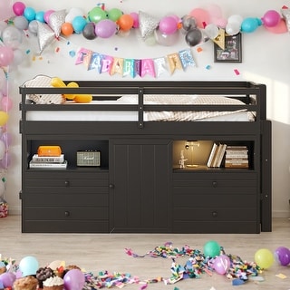 Twin Size Elegant Loft Bed With 4 Drawers,Underneath Cabinet and Shelves,Sturdy Frame