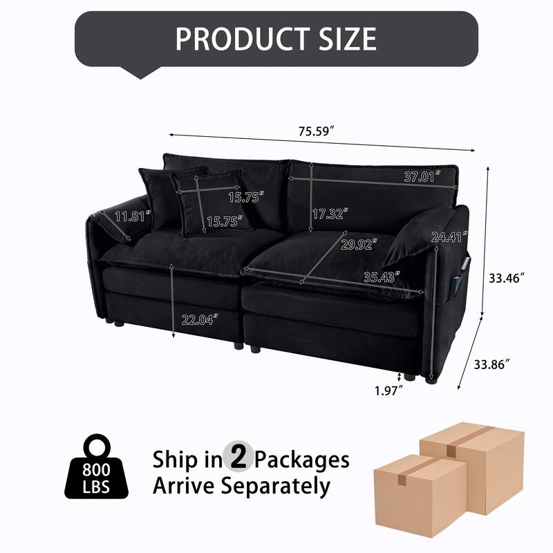 64" Oversized Chenille 2-Seater Sofa with DIY Combo & Storage Pockets