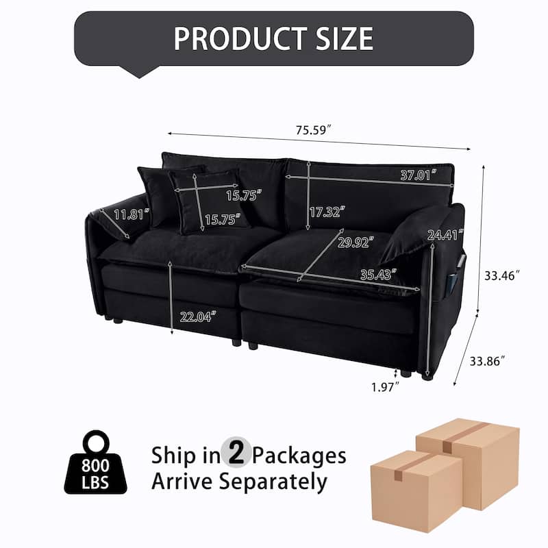 Oversized 2-Seater Chenille Sofa, Black, Modern Comfy for Living Room