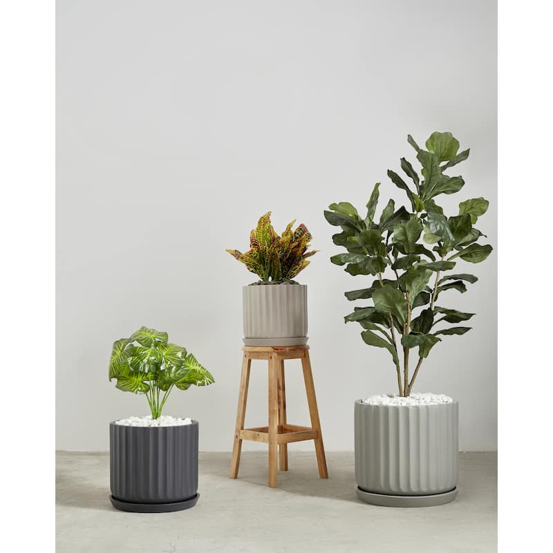 Indoor/Outdoor Large 1-piece Nordic Minimalist Fiberstone Lightweight Round Planter Pot With Grooves Saucer - 16, 13, 11 in