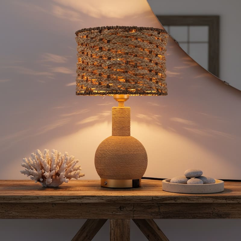 Amber 19" Rattan Table Lamp with USB 3-Way Touch Dimmer