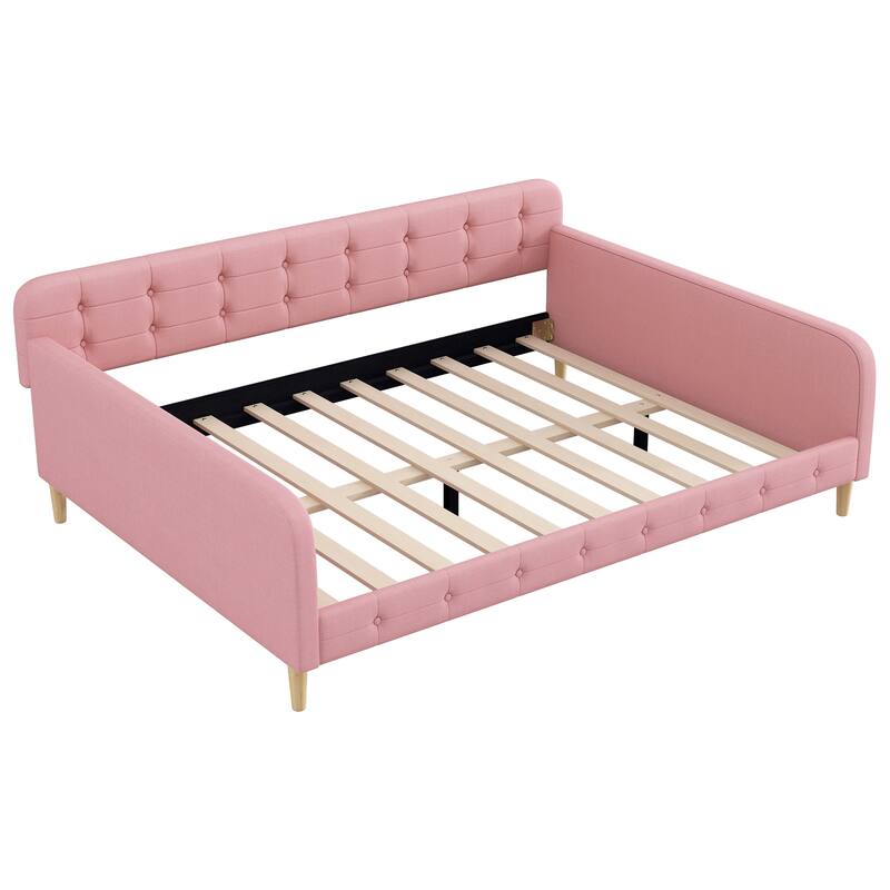 Tufted Upholstered Daybed with 4 Solid Pine Legs, Linen Fabric Sofa Bed Frame, Wooden Slat Support, Easy Assemble