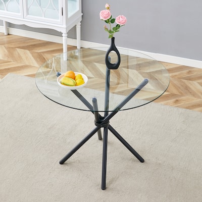 Roomfitters Round Glass Dining Table with 36.6 Inch Top and Black Ring Metal Legs for Kitchen or Office, Silver, Transparent