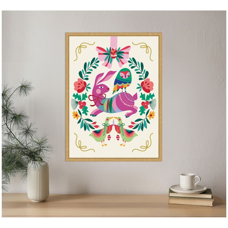 Kate and Laurel Sylvie Framed Canvas Woodland Animals Christmas Wreath by Rachel Lee
