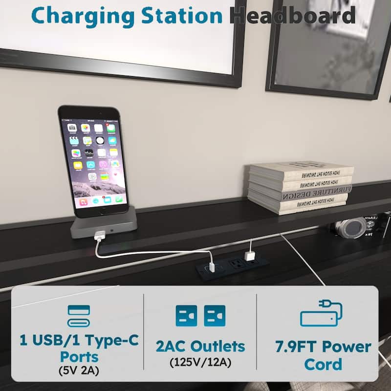Full Size Bed Frame with LED Lights,Charging Station and 2 Drawers