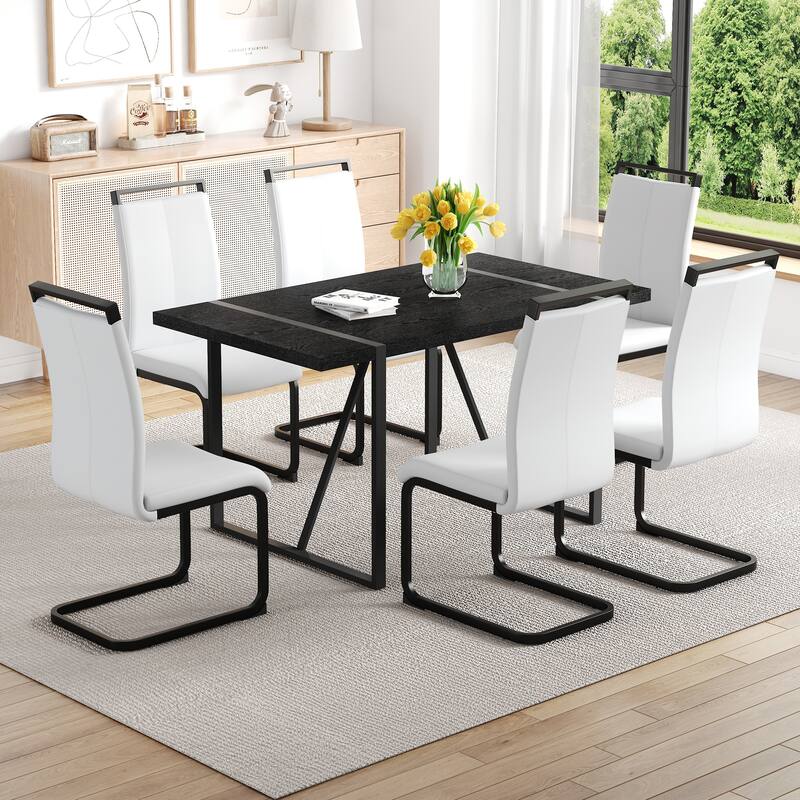 5/7-Piece Dining Table Set with PU Chairs, Modern Rectangular Dining Room Table Set for 4-6 People - White+Black - 7-Piece