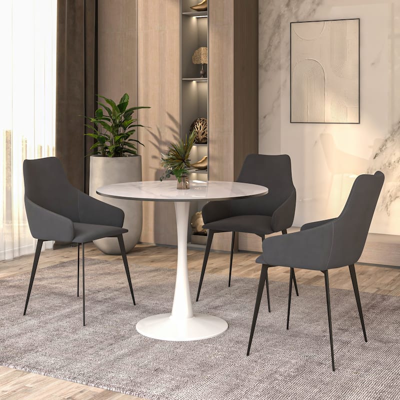 Bristol Round Dining Table for 4, 35" Sintered Stone Tabletop with White Stainless Steel Pedestal Base