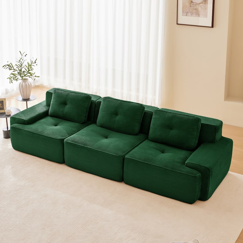 Roomfitters No Assembly Modular Sofa, 117 Inch Corduroy 3-Seater with Piping, Green
