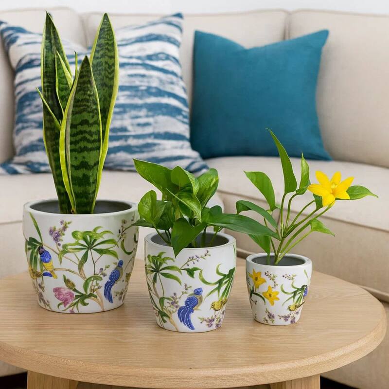 Kerry Planter Pot Set of 4, Floral Bird Pattern, White Green Ceramic