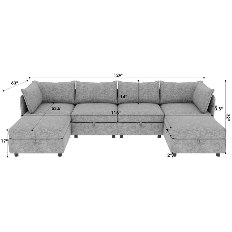 129" Chenille Sectional Sofa with Storage and Two Ottomans