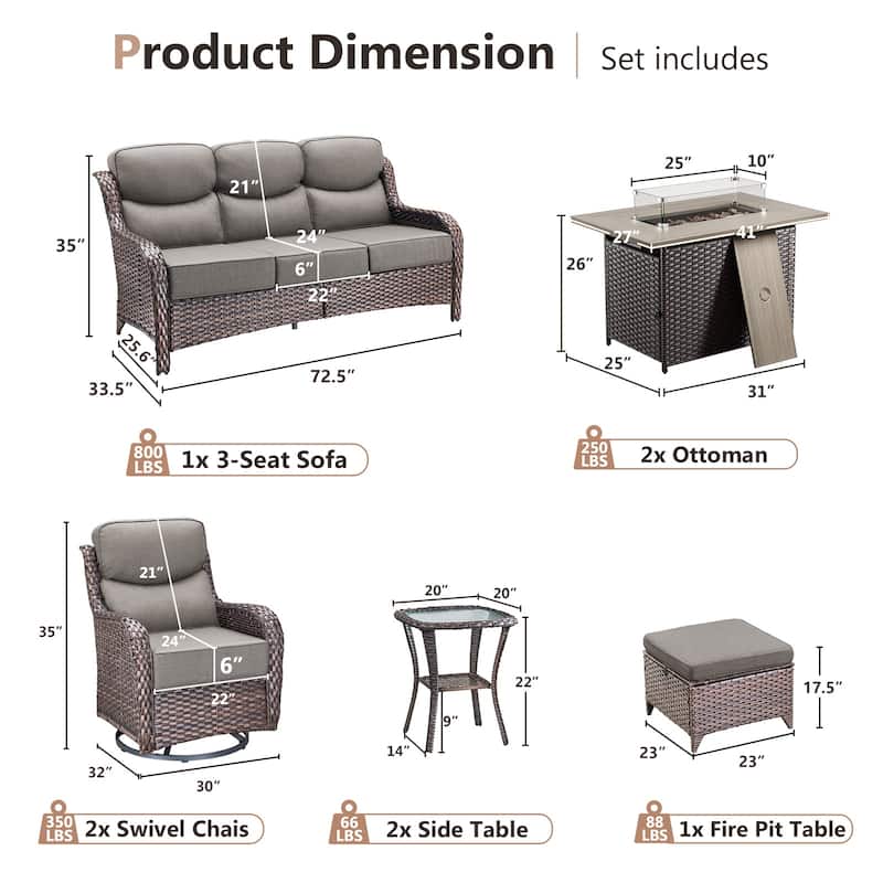 Pocassy 7 Pieces Outdoor 6 Inch Sofa Swivel Chair Ottoman with Fire Table
