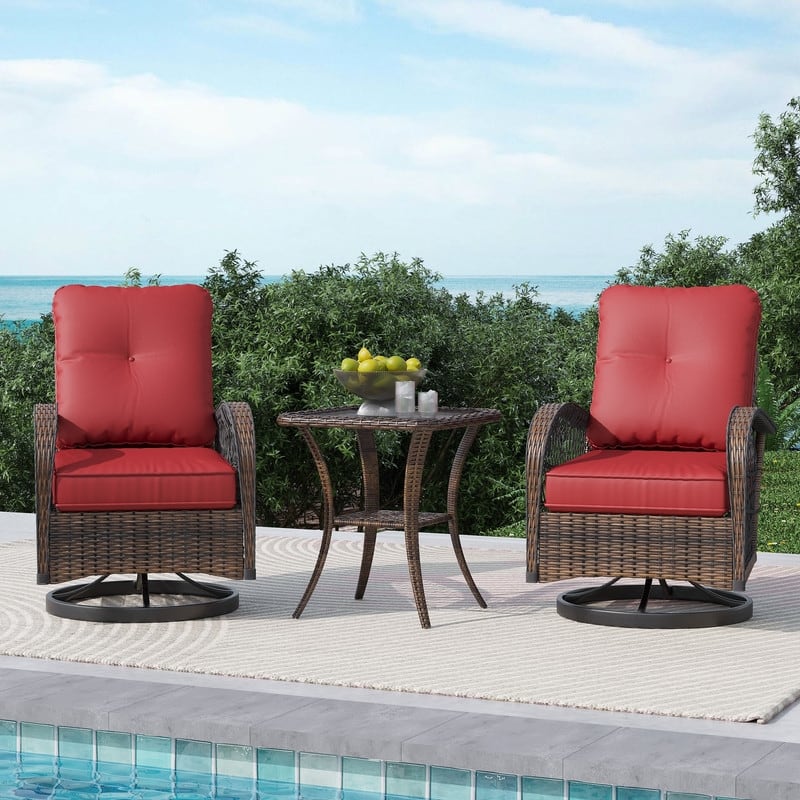 Outdoor Swivel Rocker Bistro Set - 3 Piece Wicker Patio Set with Swivel Rocking Chairs, Cushions, and Tempered Glass Side Table