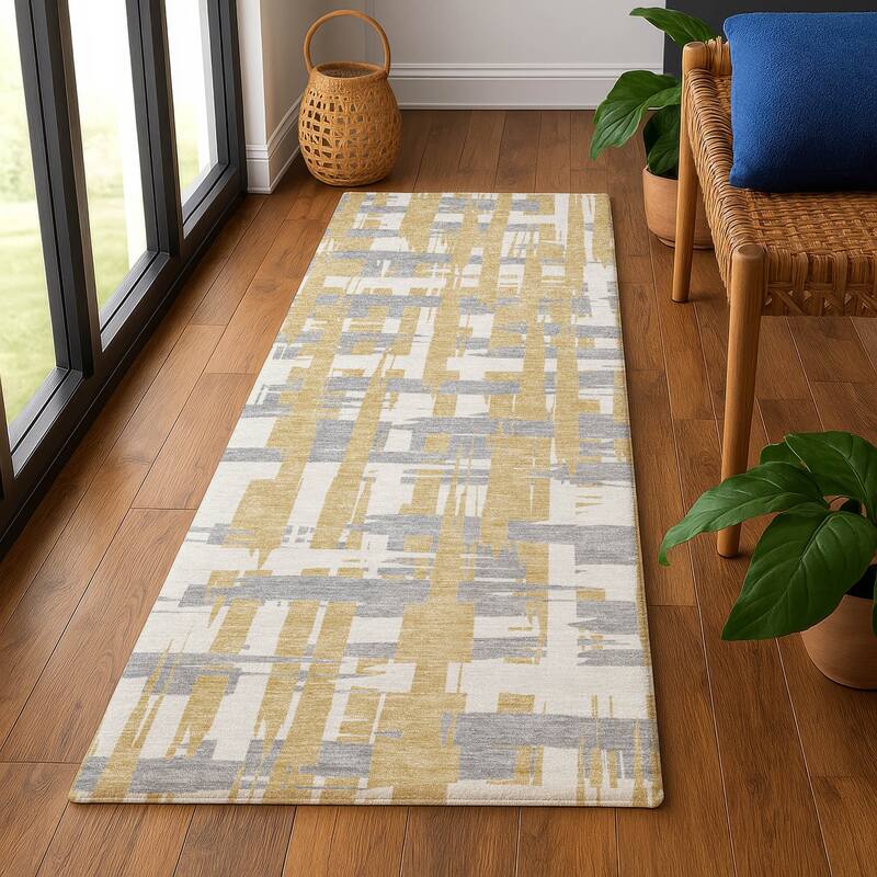 Premium Washable Super Soft Contemporary Plaid Mayfield Rug - Gold - 2'3" x 7'6"