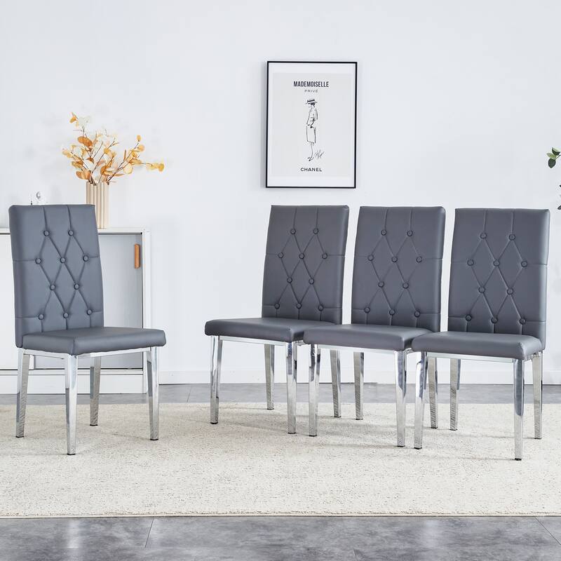 Elegant Armless Dining Chairs – Grid & Buckle Back Design, Blending Vintage Charm with Modern Sophistication‌ - Grey+Silver - Set of 4