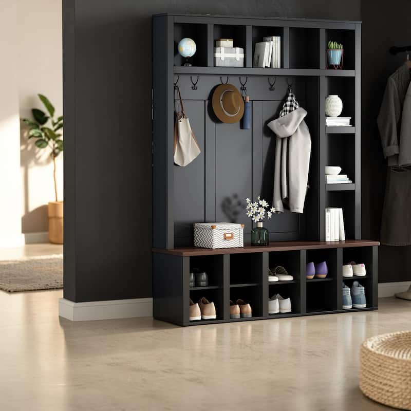 Farmhouse Entryway Hall Tree with Coat Rack, 13 Cubbies Shoe Storage, Adjustable Shelves & Walnut Bench