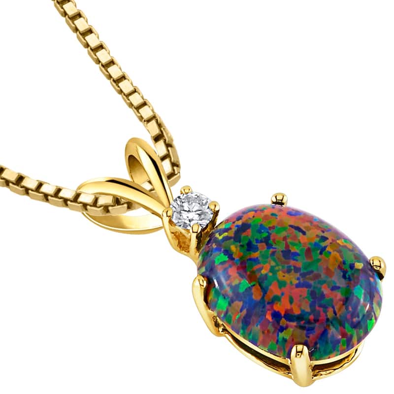 14k Yellow Gold Gold Oval Shape Created Black Opal Diamond Pendant