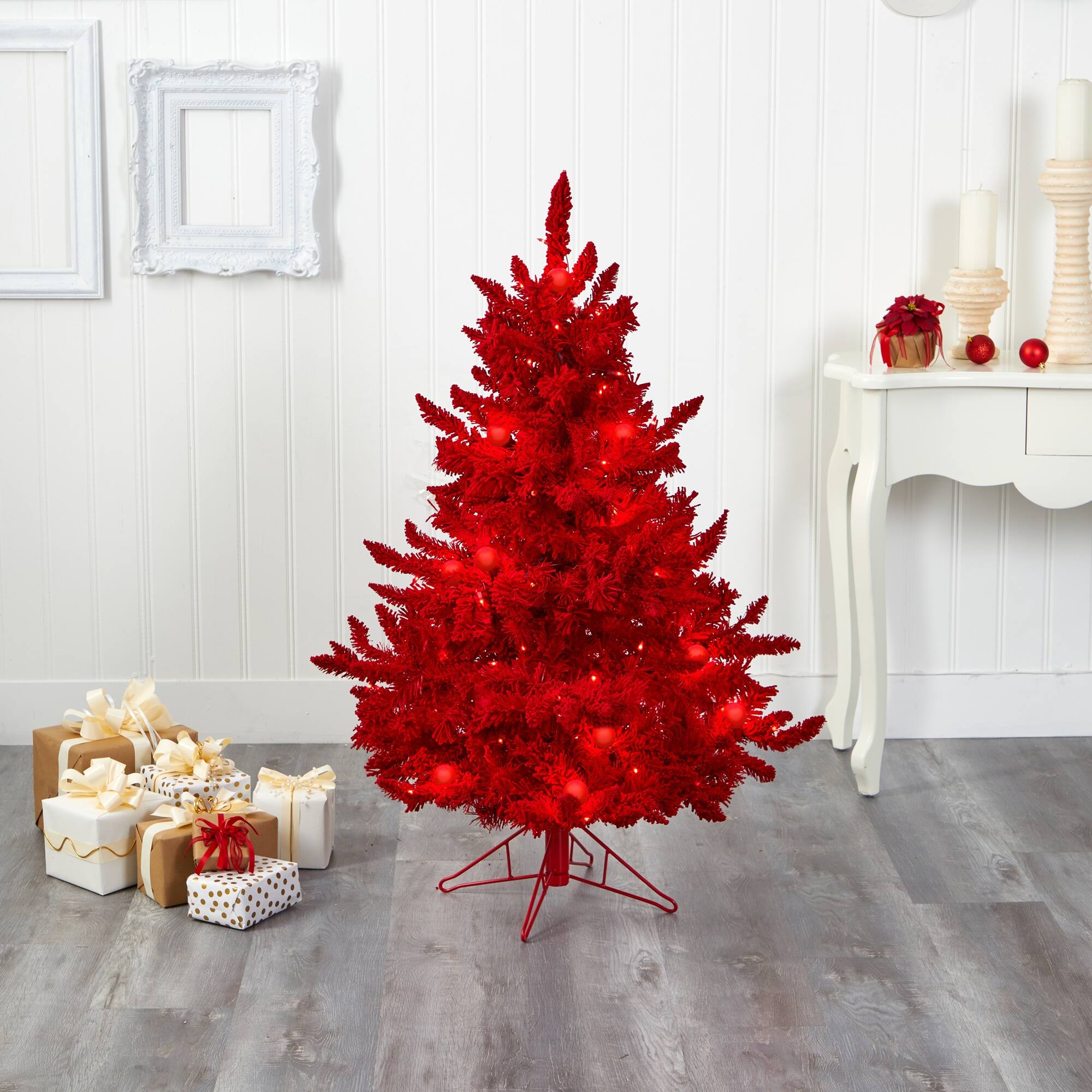 4' Red Flocked Fraser Fir Christmas Tree with 100 Red Lights On Sale