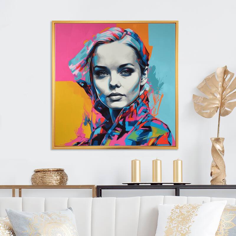 Designart "Retro Pop Art Portrait Of Beautiful Young Woman" Woman Pop Art Framed Canvas Wall Art - 24 in. wide x 24 in. high - Gold