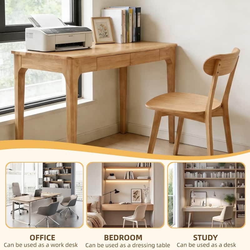 Solid Wood Mid-Century Modern Desk with Drawers for Home Office