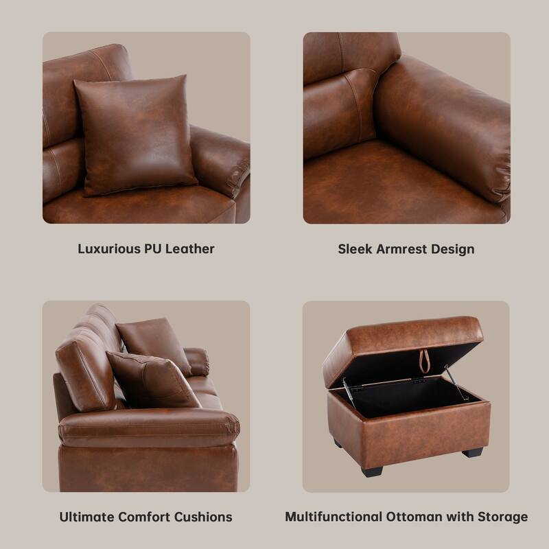 Upholstered Living Room Set, 4 Pieces - Faux Leather Chair, Loveseat, Sofa with Ottoman
