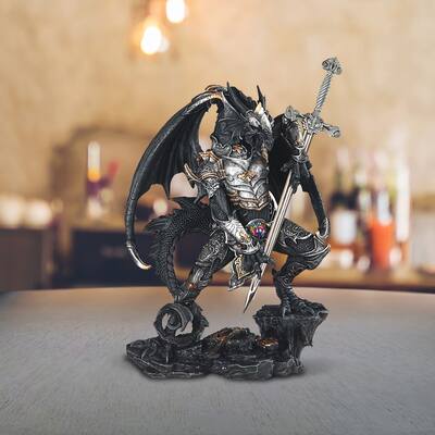 ICE ARMOR 12"H Black and Silver Dragon with Armor and Sword Figurine
