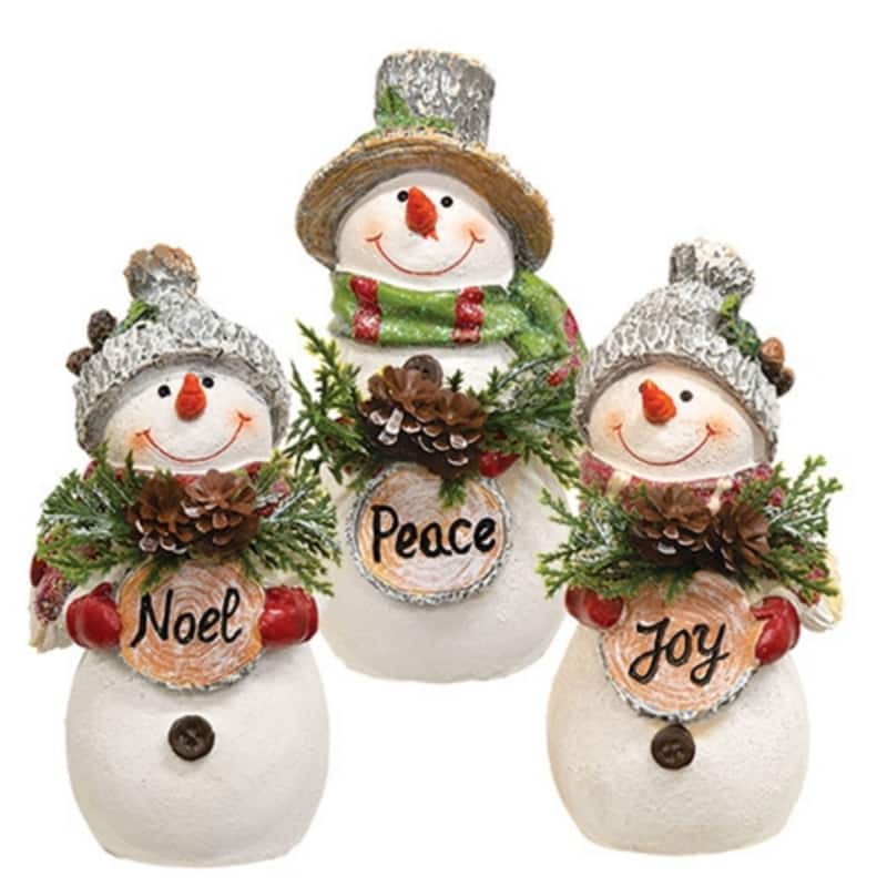 Resin Wood Sign Snowmen, Peace Noel Joy Figures- 3 Asstd. - 6.5" x 3" - White-Green-Brown