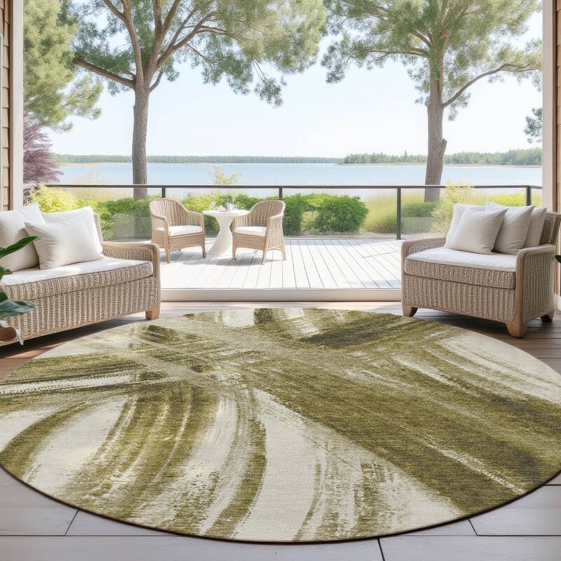 Machine Washable Indoor/ Outdoor Abstract Brushstroke Chantille Rug - Khaki - 8' x 8'
