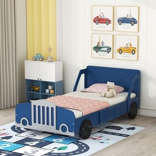 Twin Size Car-Themed Platform Bed with Protective Side Rails and Wheels for a Fun and Safe Sleep Experience