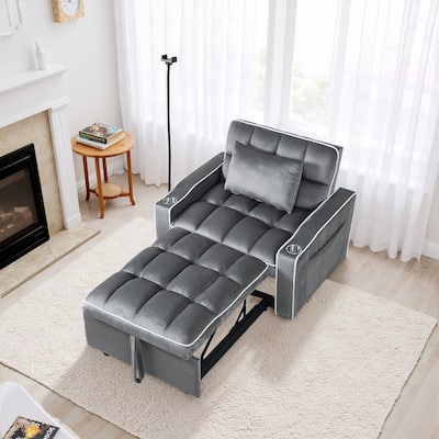 37 in. W 3-in-1 Convertible Chair Bed Suede Pull Out Twin Size Sofa Bed with USB Ports, Cup & Phone Holder