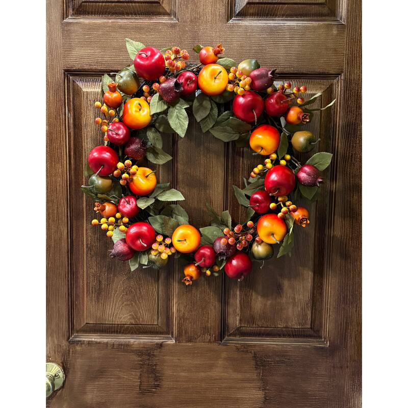 20" Mixed Fall Apple Pomegranate & Leaf Wreath on Natural Twig Base