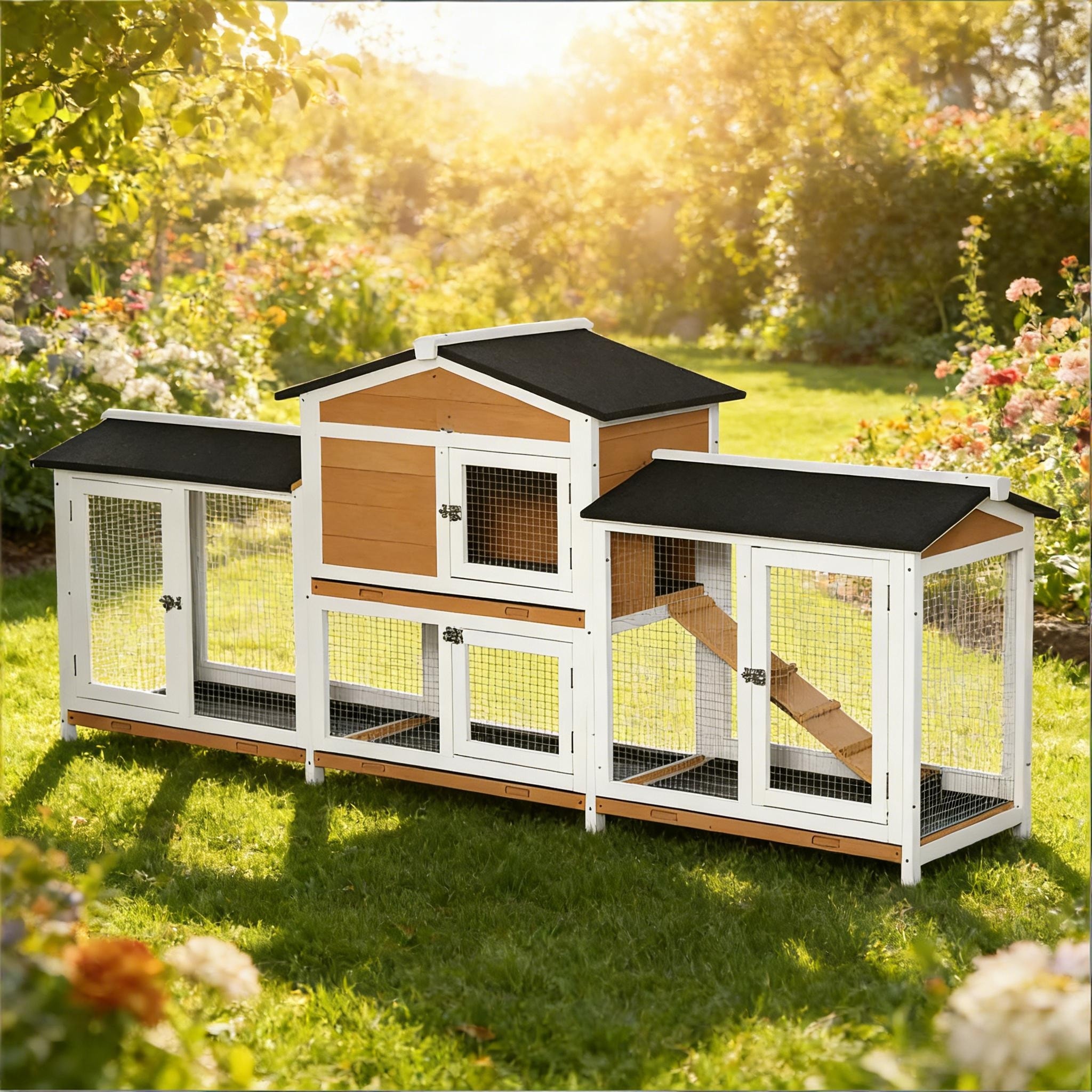 Small Animal Hutch Cage,Pet House,Wooden Rabbit Hutch is designed for convenient cleaning - Black,White,Yellow