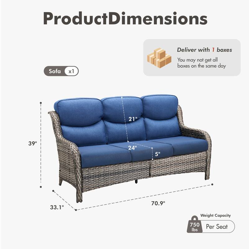 Meyreso Handwoven Wicker Outdoor Patio 3-Seat Sofa with 5-Inch Thick Cushions