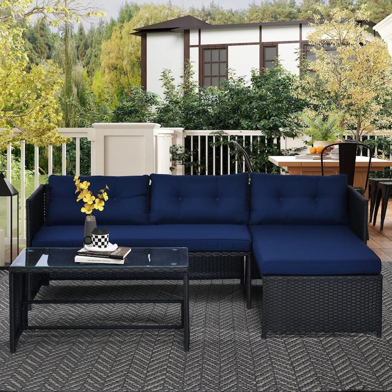 3PC PE Rattan Sectional Set, Chaise Loveseat Ottoman, Deep Cushion