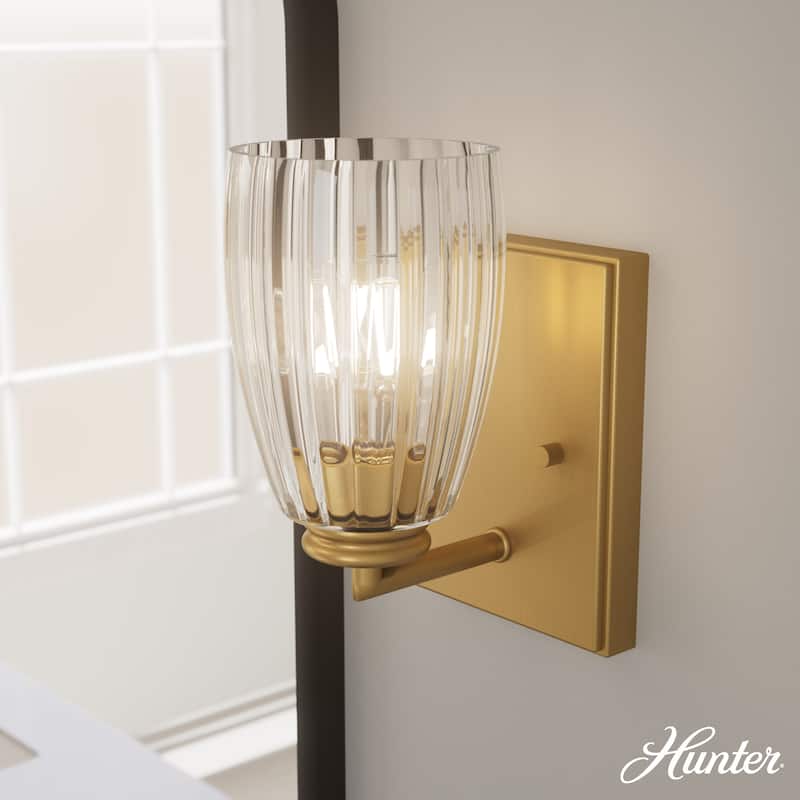 Hunter Rossmoor Luxe Gold 1-Light Wall Sconce Light Fixture Clear Glass - Bathroom Bedroom Hallway Office - Modern Designer - Luxe Gold-Clear Glass