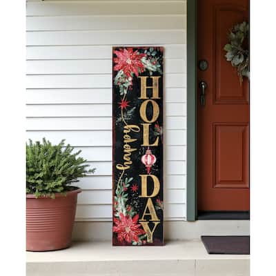 HomeRoots 36" Black Gold Green And Red Solid Wood Happy Holidays Christmas Poinsettia Porch Sign