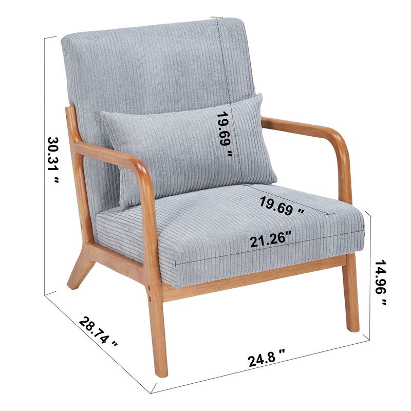 Mid-Century Modern Accent Chair, Upholstered Single Sofa Chair with Pillow, Lounge Armchair with Rubber Wood Frame