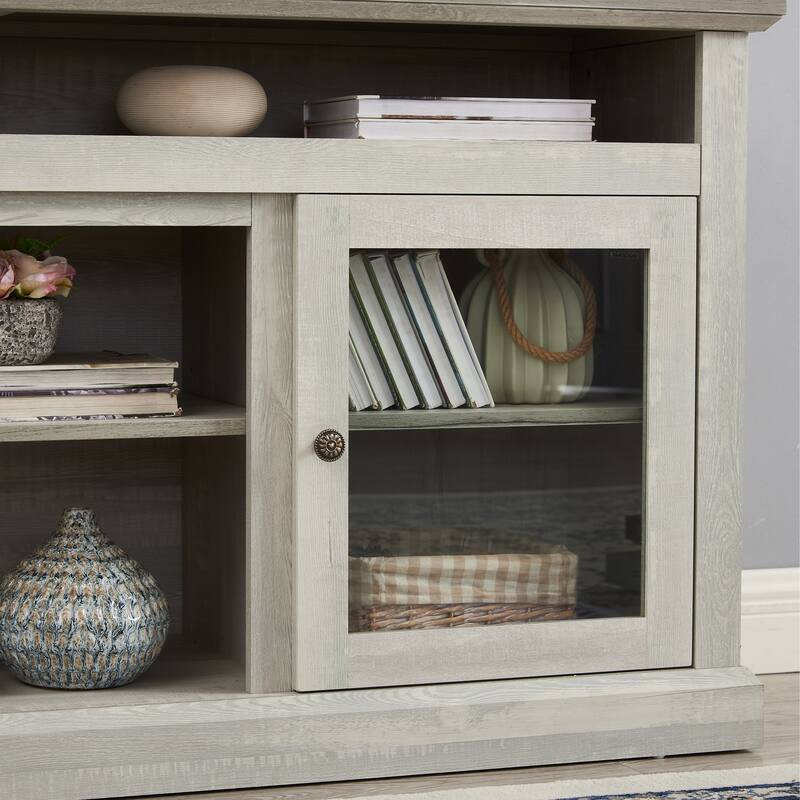 60" Modern Farmhouse TV Stand for 65 Inch TV, Media Console with Glass Doors and Storage for Living Room Entertainment Center