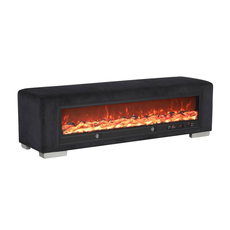 Furniture of America Goffney Chenille Bench with Fireplace Simulator and Bluetooth Audio