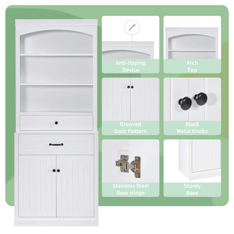 White Bathroom Cabinet with 3 Open Shelves, 2 Drawers, Adjustable Shelves & 2 Doors, 78.7'' Freestanding