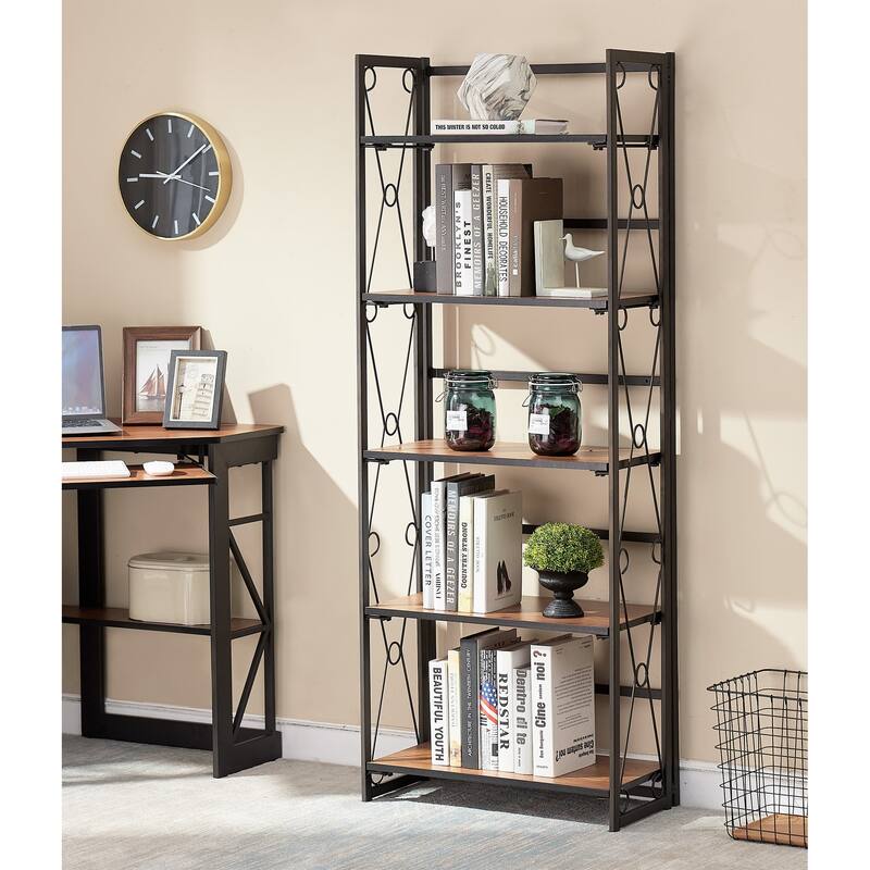VECELO Bookshelf, 5 Shelf Folding Bookcase No Assembly, Industrial Metal Frame Shelves Rack Organizer for Living Room, Office