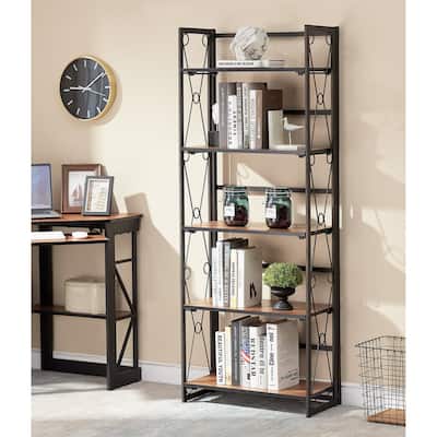 VECELO Bookshelf, 5 Shelf Folding Bookcase No Assembly, Industrial Metal Frame Shelves Rack Organizer for Living Room, Office