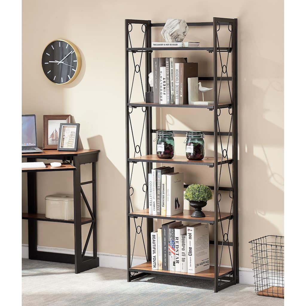 VECELO Bookshelf, 5 Shelf Folding Bookcase No Assembly, Industrial Metal Frame Shelves Rack Organizer for Living Room, Office