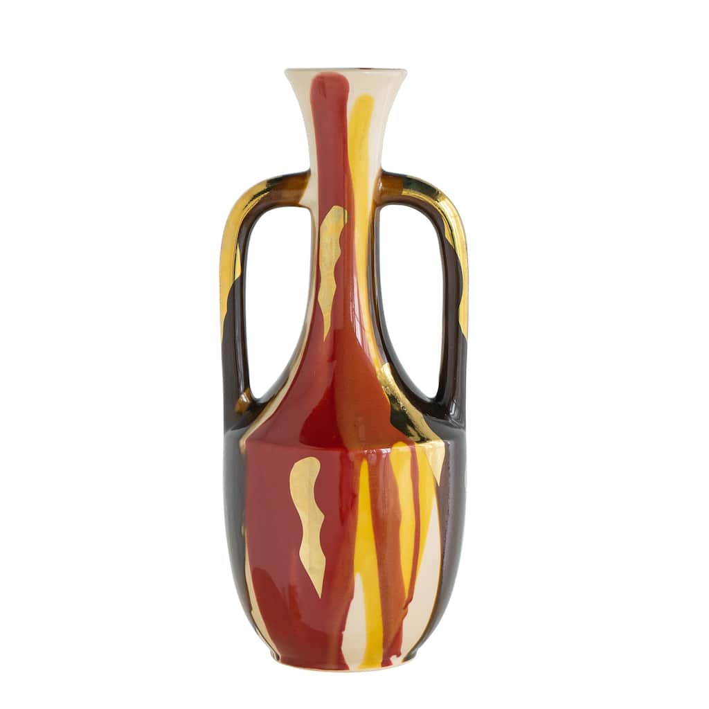 6.8x6.8x16.9" Curved Ceramic Vase with Handles and Abstract Multicolored Finish