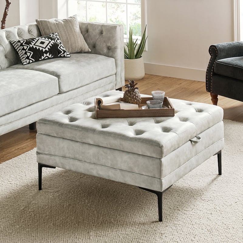 Geoffrev Transitional Lift Top Storage Button-Tufted Cocktail Ottoman by HULALA HOME